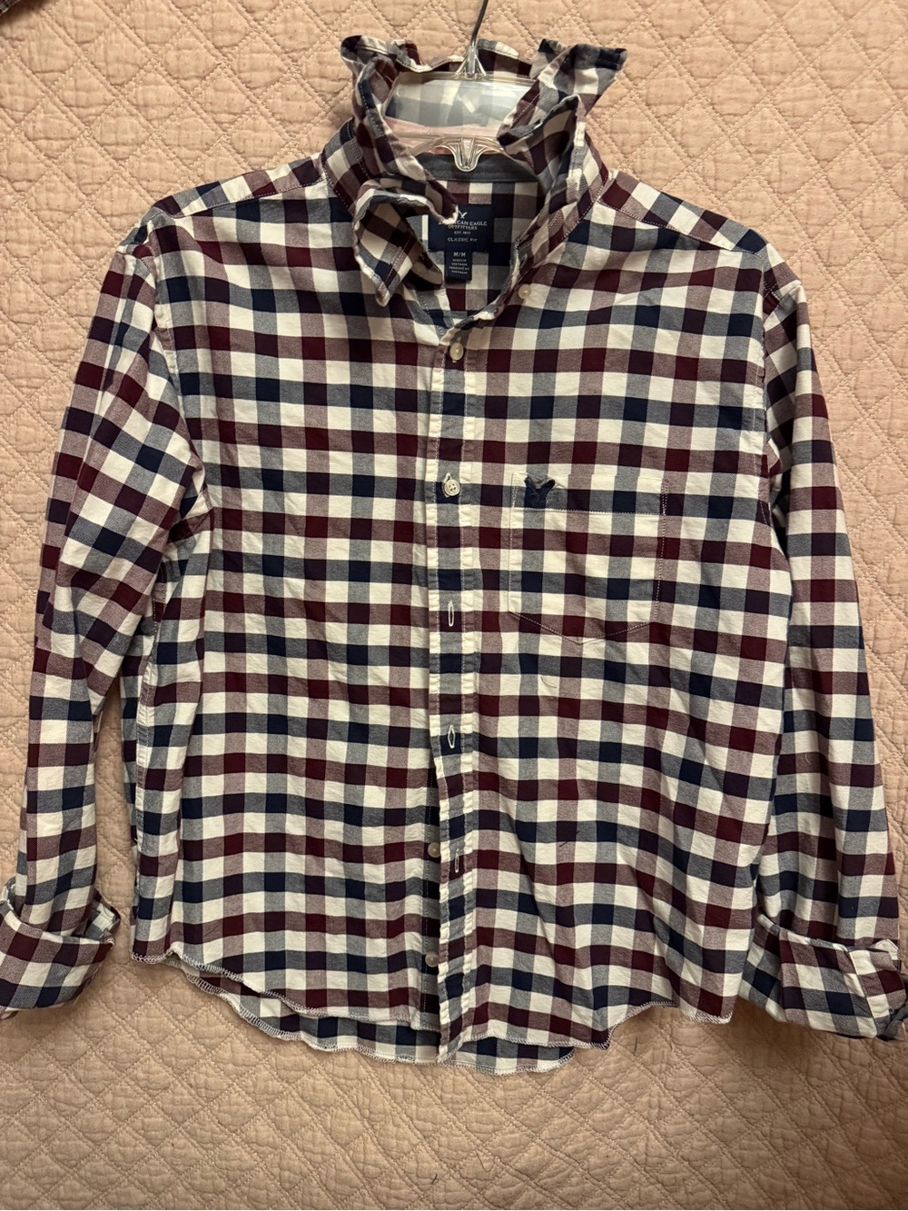 American Eagle Burgundy Navy Plaid Button-Down Shirt Upcycled ruffled collar